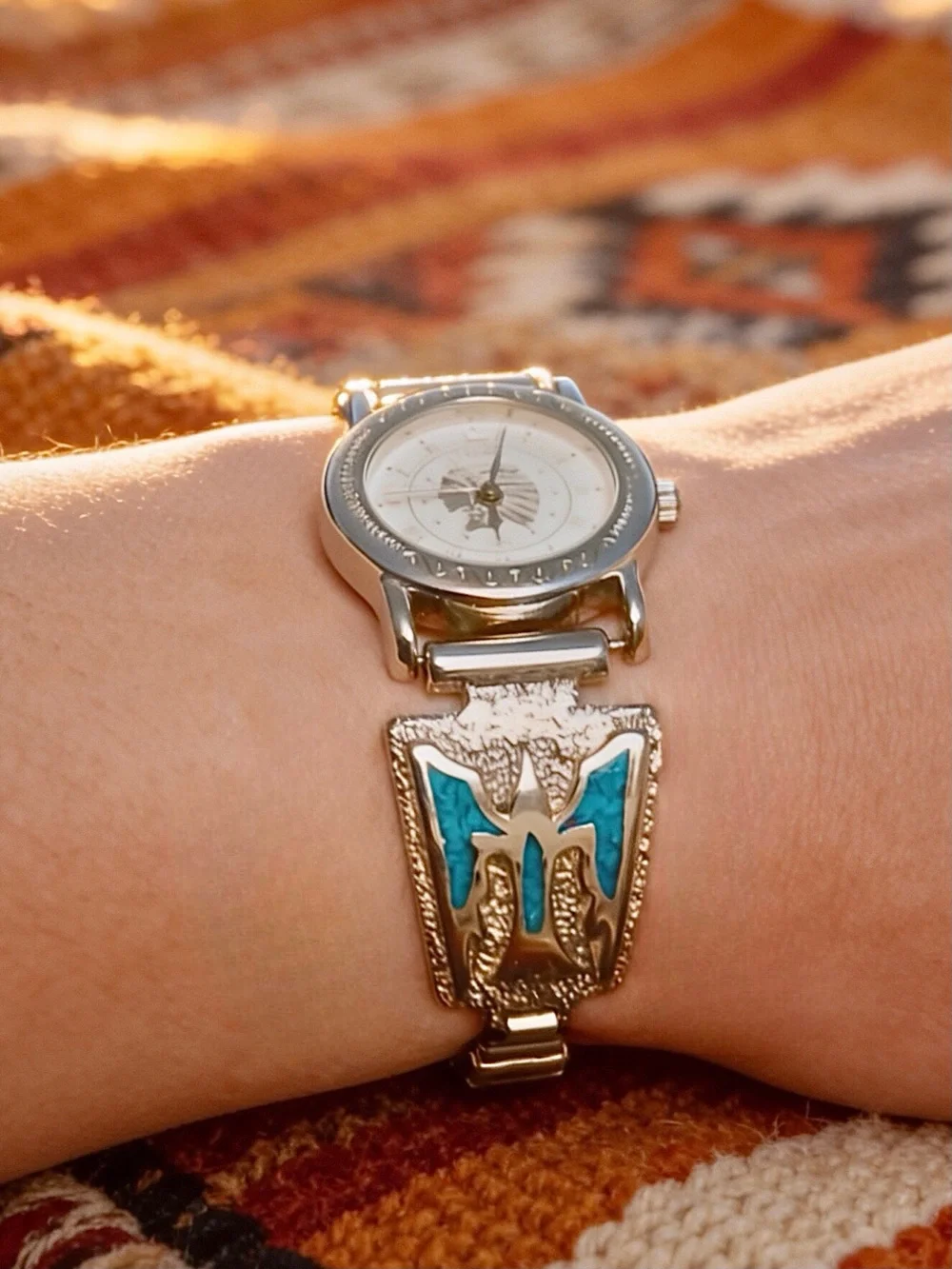 Silver Indian Chief Watch with Sterling Navajo Turquoise Inlay Thunderbird Tips